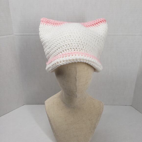 Cat Ear Beanie Crochet Hat White Pink Stripe Handmade Knit Kitty Soft Winter - Picture 11 of 16